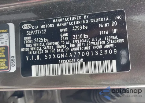 2013 Kia Optima Ex z USA, uszkodzony, nr VIN 5XXGN4A77DG132809